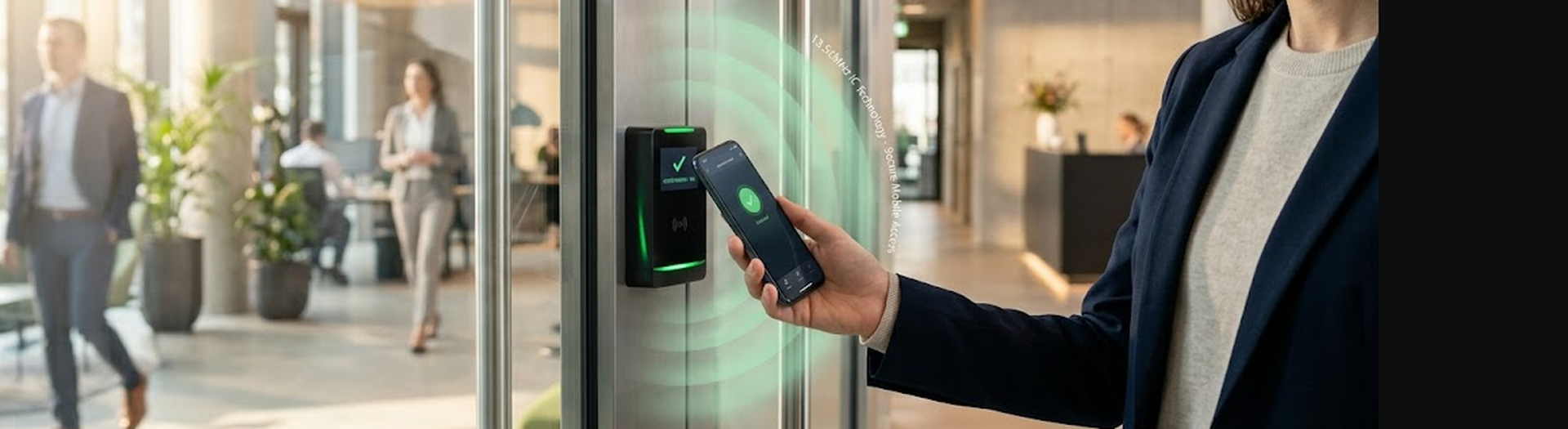 Person using a smartphone NFC to unlock a secured office door, demonstrating the future-proofing benefits of 13.56MHz IC card technology Person using a smartphone NFC to unlock a secured office door, demonstrating the future-proofing benefits of 13.56MHz IC card technology